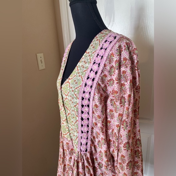 ZARA Rosie Crochet Trim Printed Maxi Dress Boho Pink Prairie Cotton Size XS - Picture 3 of 10